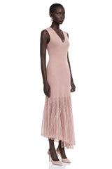 Barbara Pink Pleated Midi Dress with Asymmetrical Hem