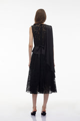 Bastet Black Floral Lace Pleated Maxi Dress