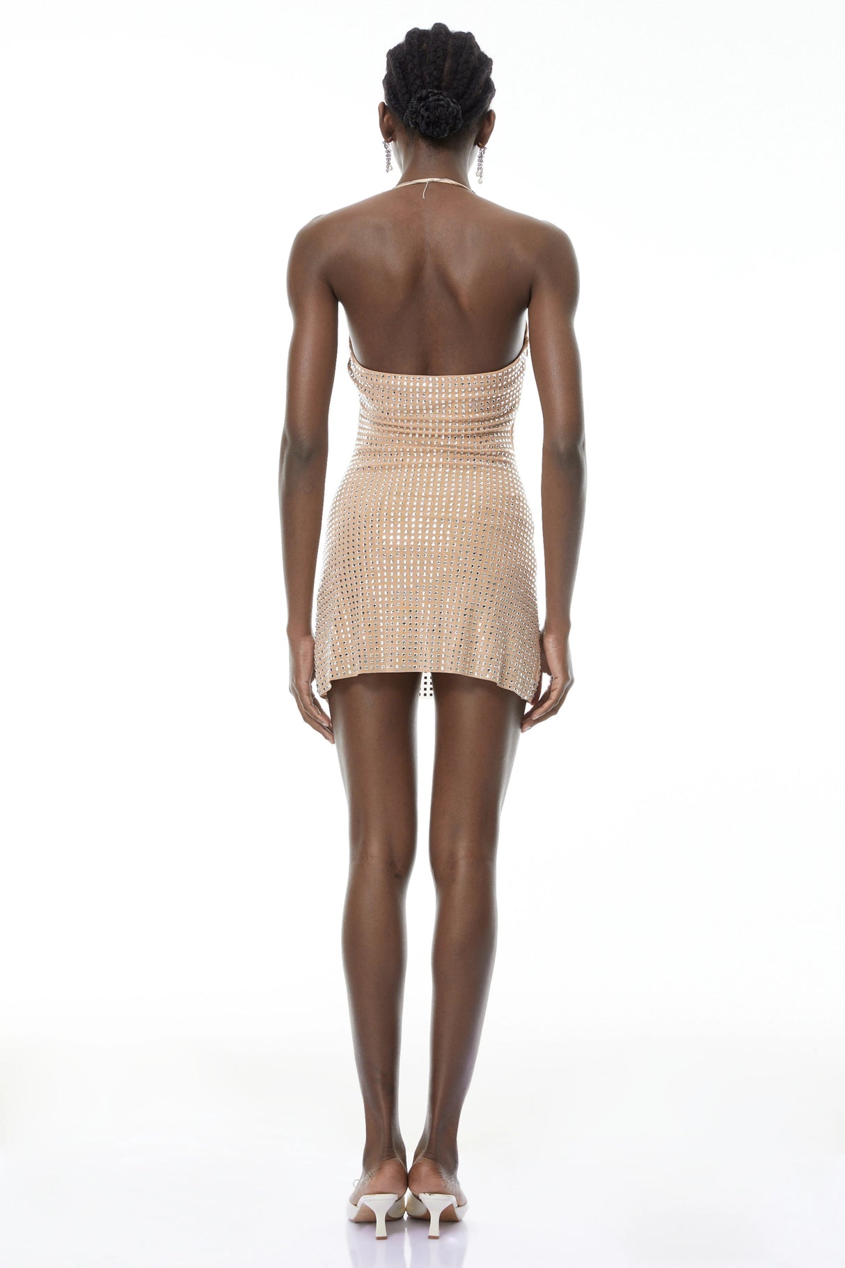 Bblythe Neutral Halterneck Rhinestone Mini Dress