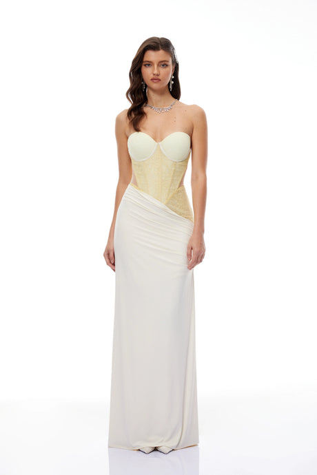 Beata Yellow Lace Corset Bodice Maxi Dress