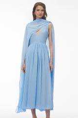 Beatrice Blue Ruched Midi Dress with Oversized Cape