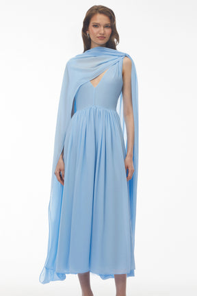 Beatrice Blue Ruched Midi Dress with Oversized Cape