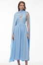 Beatrice Blue Ruched Midi Dress with Oversized Cape