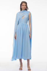 Beatrice Blue Ruched Midi Dress with Oversized Cape