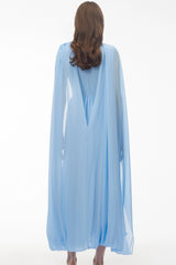 Beatrice Blue Ruched Midi Dress with Oversized Cape