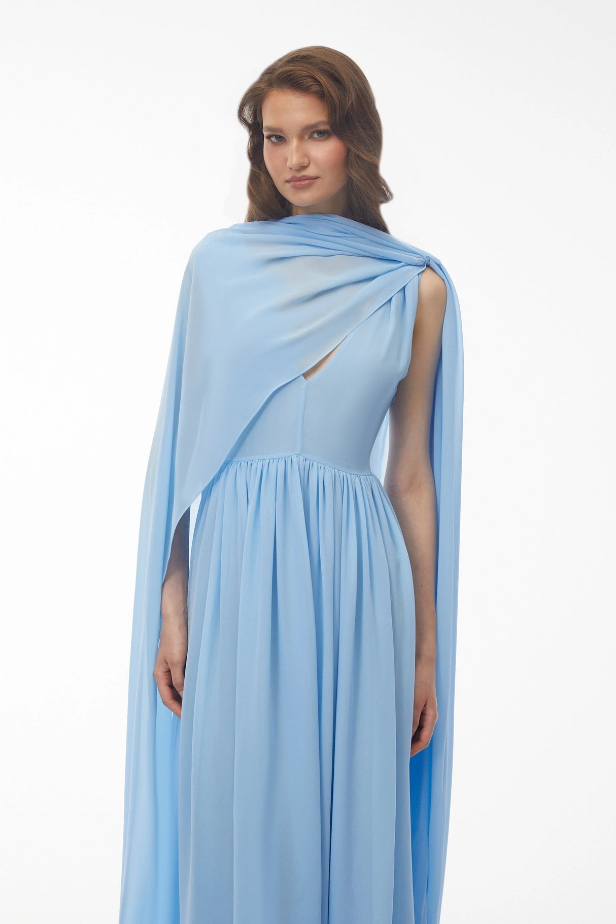 Beatrice Blue Ruched Midi Dress with Oversized Cape