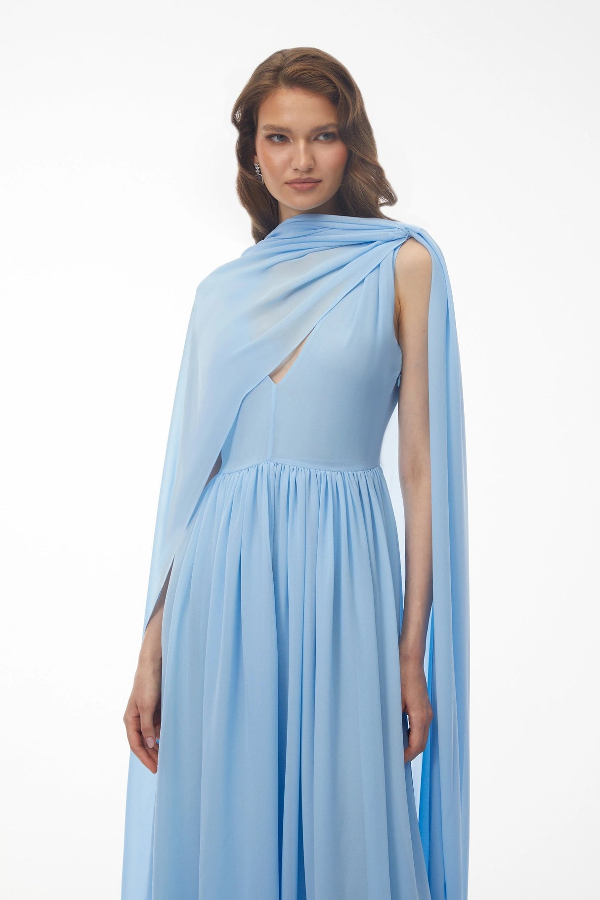 Beatrice Blue Ruched Midi Dress with Oversized Cape