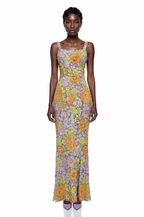 Beatrice Purple Floral Print Maxi Dress with Spaghetti Straps
