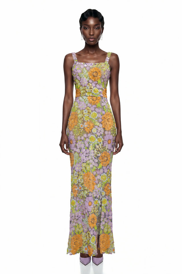 Beatrice Purple Floral Print Maxi Dress with Spaghetti Straps