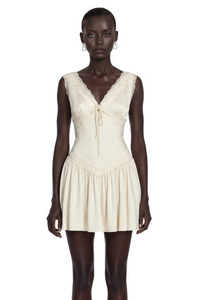 Belinda Ivory VNeck Mini Dress with Lace Trim