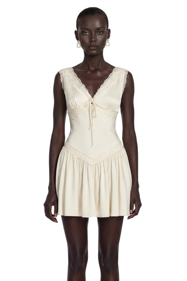 Belinda Ivory VNeck Mini Dress with Lace Trim