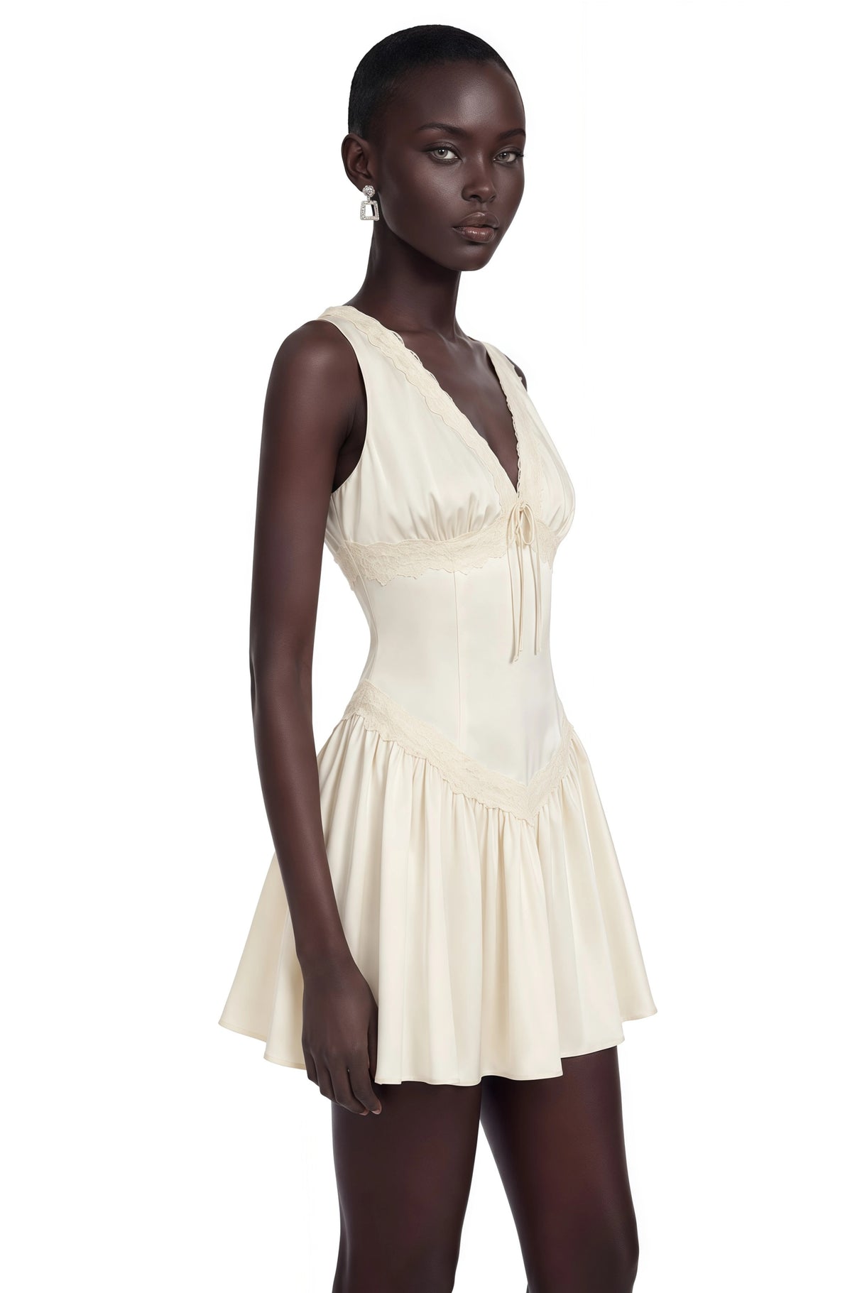 Belinda Ivory VNeck Mini Dress with Lace Trim