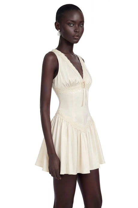 Belinda Ivory VNeck Mini Dress with Lace Trim