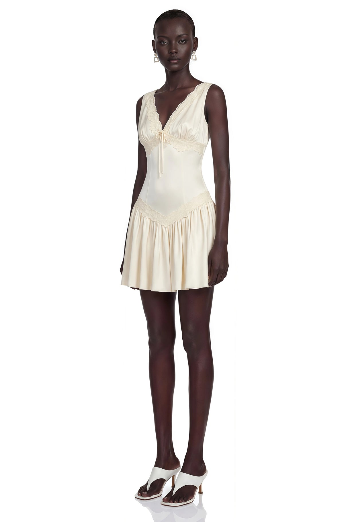 Belinda Ivory VNeck Mini Dress with Lace Trim