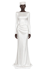 Belisent White Satin Long Sleeve Ruched Maxi Dress
