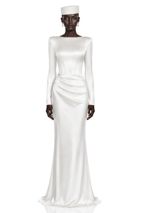Belisent White Satin Long Sleeve Ruched Maxi Dress