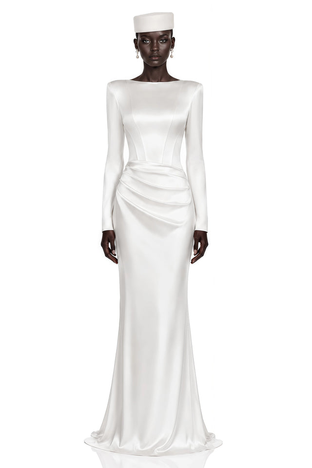 Belisent White Satin Long Sleeve Ruched Maxi Dress