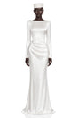 Belisent White Satin Long Sleeve Ruched Maxi Dress
