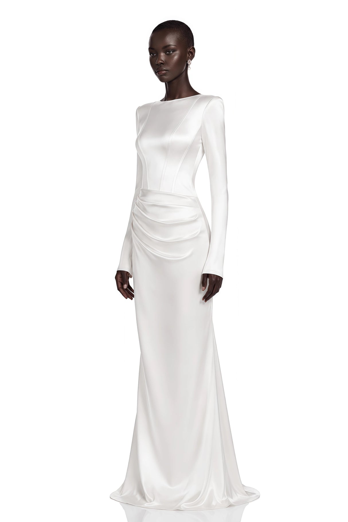 Belisent White Satin Long Sleeve Ruched Maxi Dress