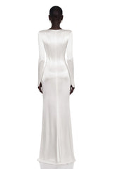 Belisent White Satin Long Sleeve Ruched Maxi Dress