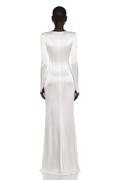 Belisent White Satin Long Sleeve Ruched Maxi Dress