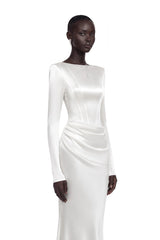 Belisent White Satin Long Sleeve Ruched Maxi Dress