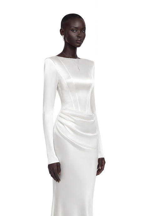 Belisent White Satin Long Sleeve Ruched Maxi Dress