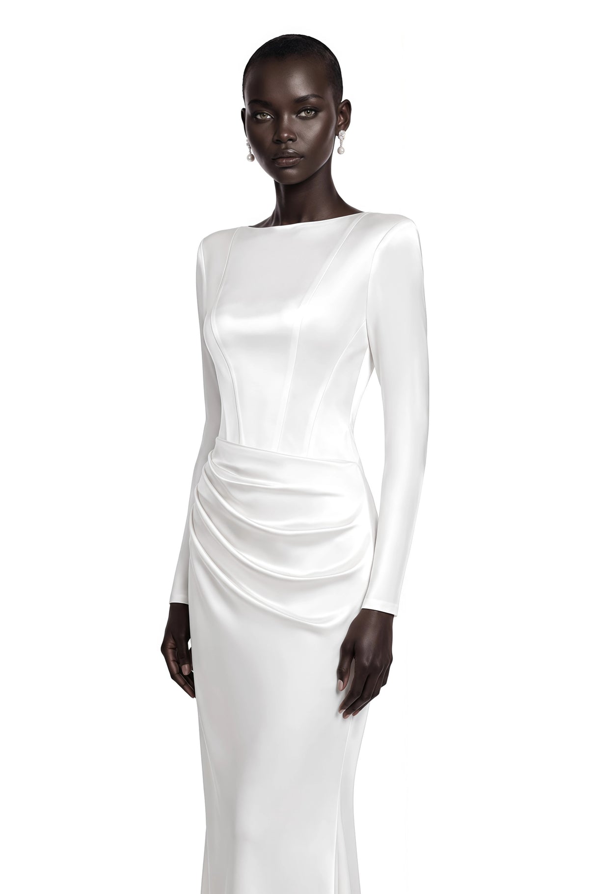 Belisent White Satin Long Sleeve Ruched Maxi Dress