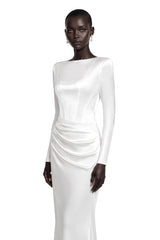 Belisent White Satin Long Sleeve Ruched Maxi Dress