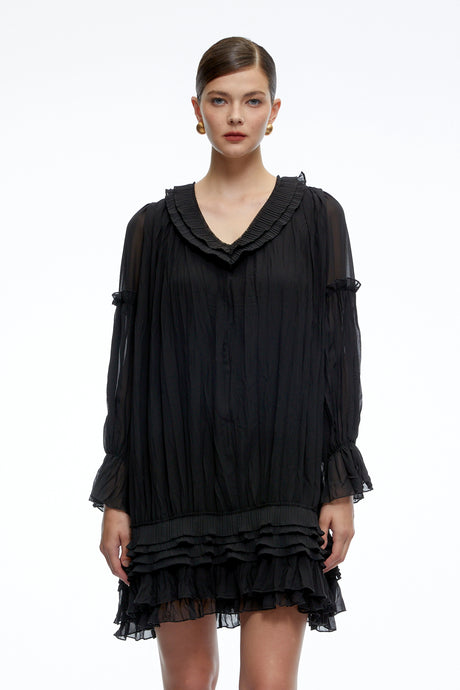 Belladonna Black VNeck Tiered Mini Dress with Puff Sleeves