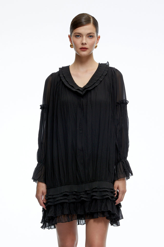 Belladonna Black VNeck Tiered Mini Dress with Puff Sleeves