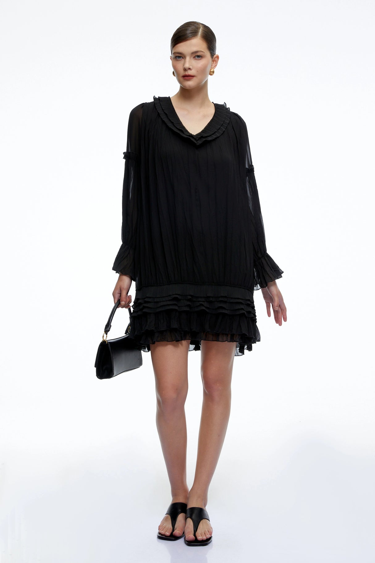Belladonna Black VNeck Tiered Mini Dress with Puff Sleeves