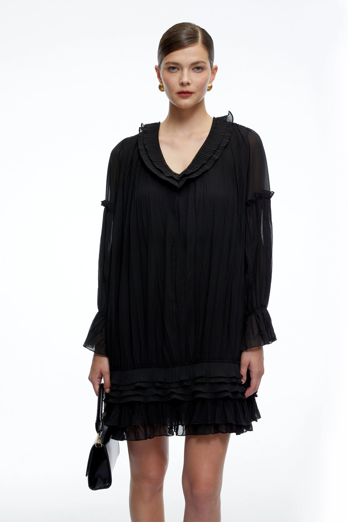 Belladonna Black VNeck Tiered Mini Dress with Puff Sleeves