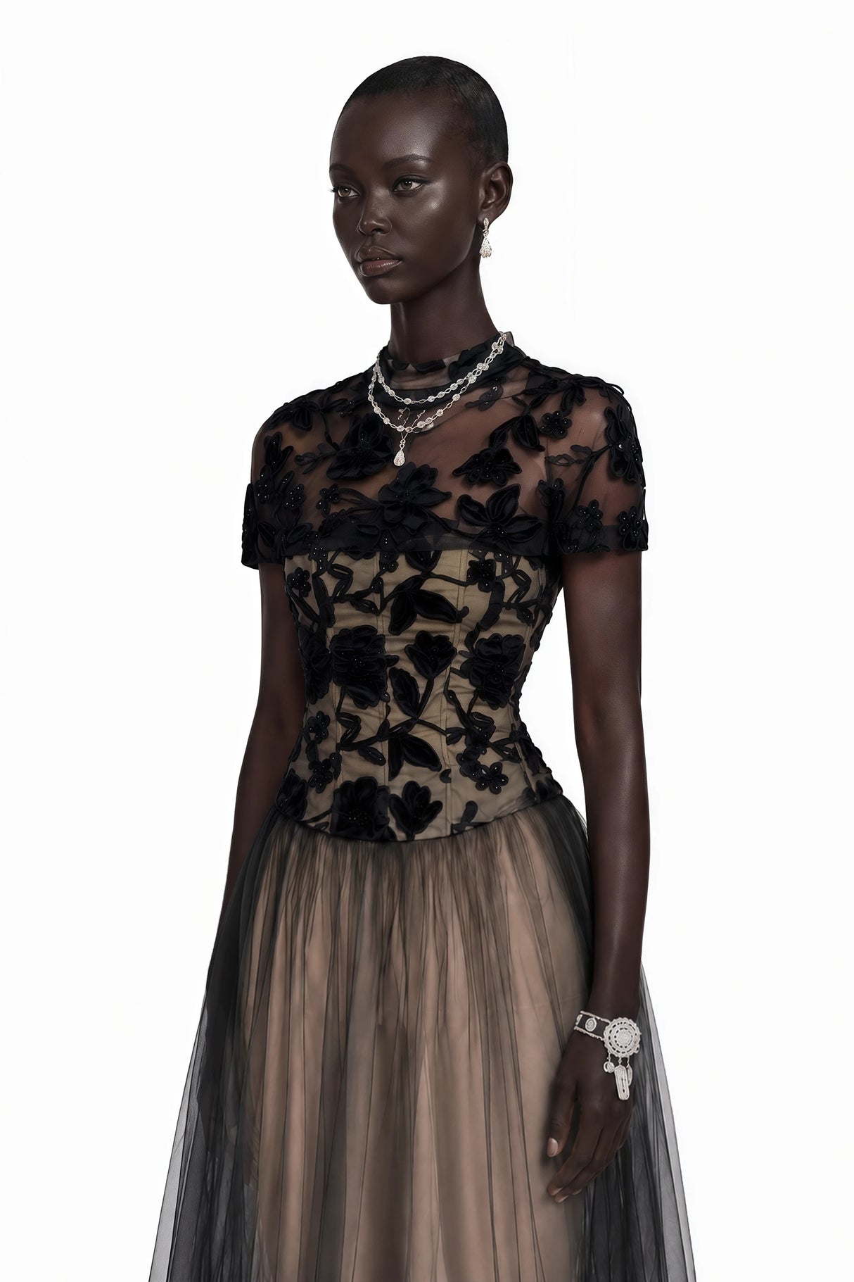 Benedicta Black Floral Embroidered Maxi Dress