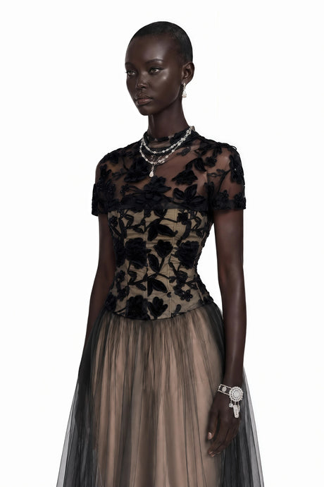 Benedicta Black Floral Embroidered Maxi Dress