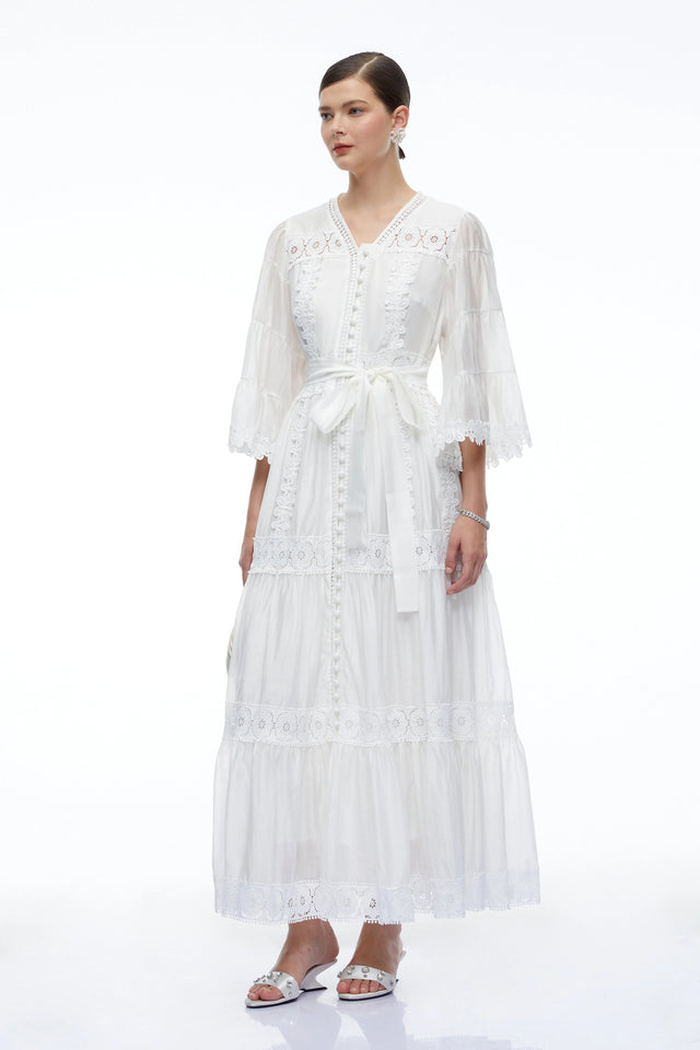 Berengaria White Lace Bell Sleeves Maxi Dress