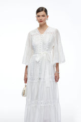 Berengaria White Lace Bell Sleeves Maxi Dress