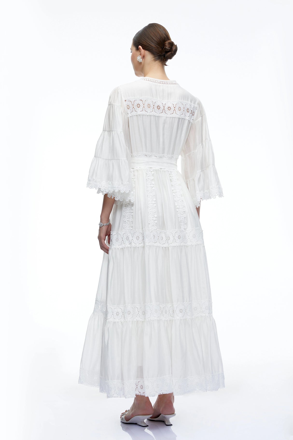 Berengaria White Lace Bell Sleeves Maxi Dress