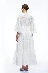 Berengaria White Lace Bell Sleeves Maxi Dress