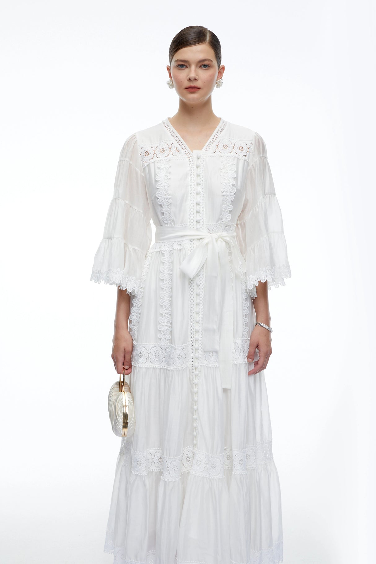 Berengaria White Lace Bell Sleeves Maxi Dress