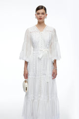 Berengaria White Lace Bell Sleeves Maxi Dress