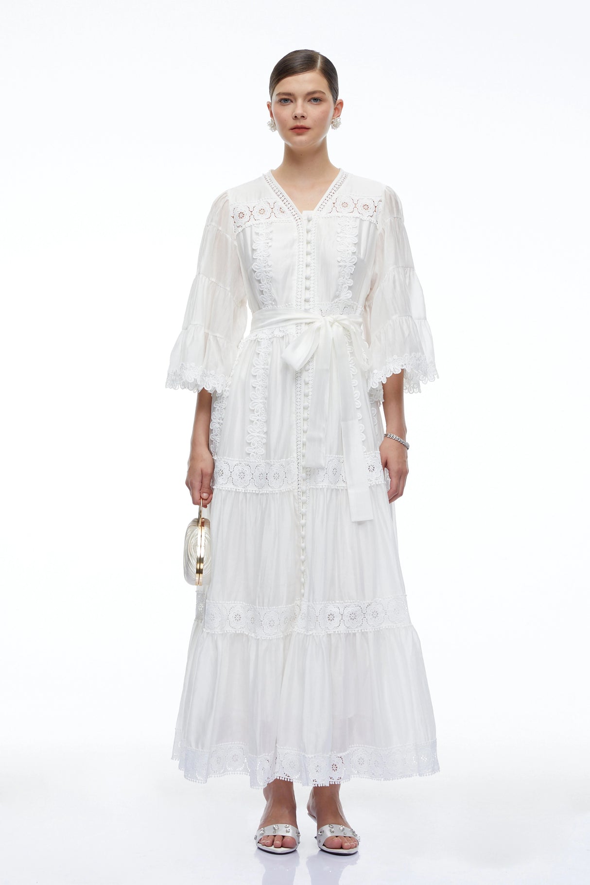 Berengaria White Lace Bell Sleeves Maxi Dress