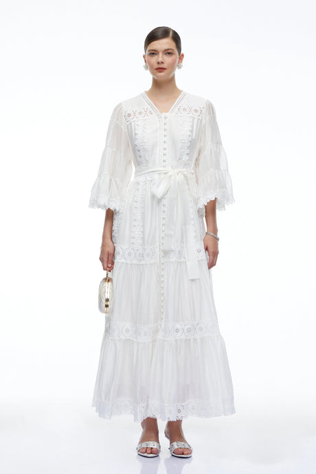 Berengaria White Lace Bell Sleeves Maxi Dress