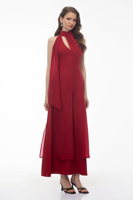 Berenice Red Halterneck Maxi Dress with CutOuts