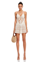 Berenice White Crochet Floral Halterneck Mini Dress