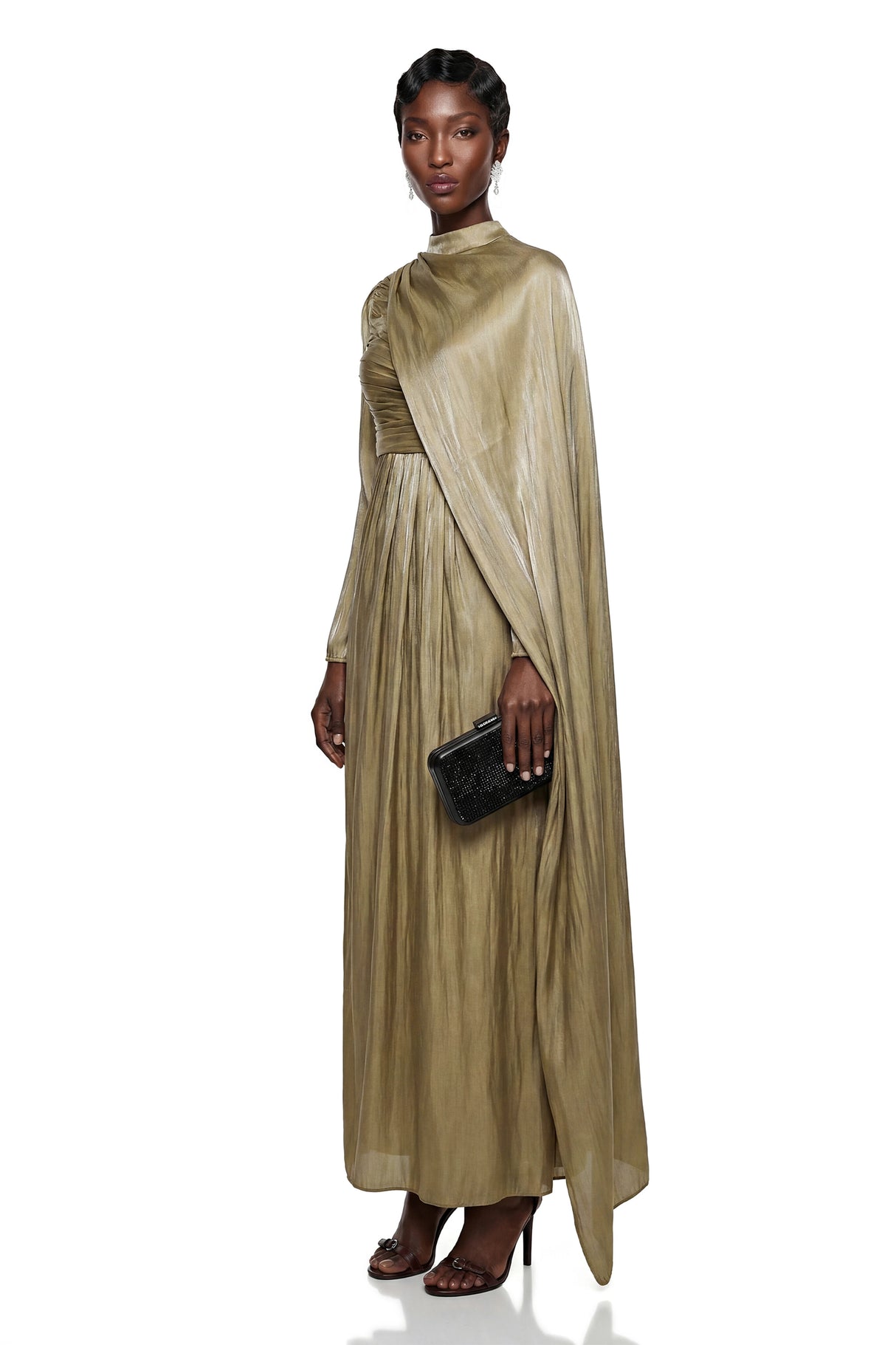 Berenike Gold Glossy Maxi Dress with Cape