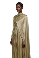 Berenike Gold Glossy Maxi Dress with Cape