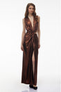 Berenike Metallic Bronze Ruched Satin Maxi Dress