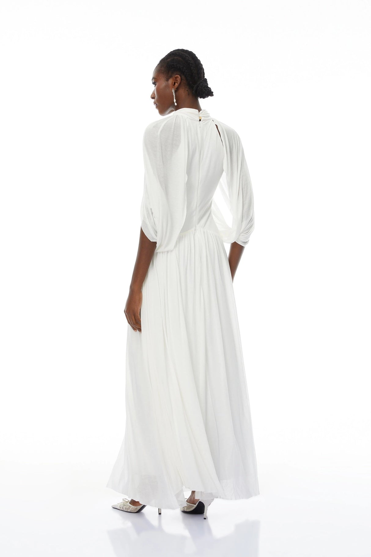 Bergljot White Cape Design Mesh Maxi Dress