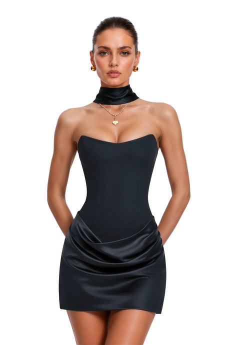 Berit Black Scarf Off Shoulder Ruched Mini Dress
